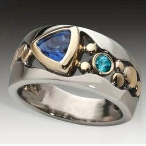 Silver and Gold Unisex Ring with Blue Gemstones Sz 10